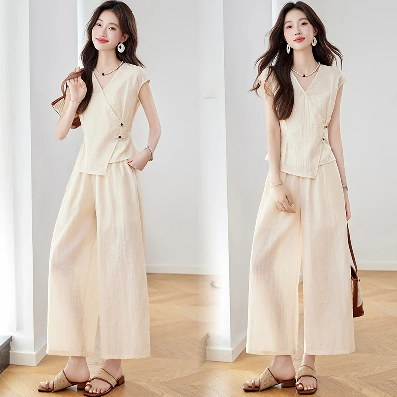 亚麻休闲无袖套装女2025年夏季新款洋气减龄通勤气质阔腿裤两件套