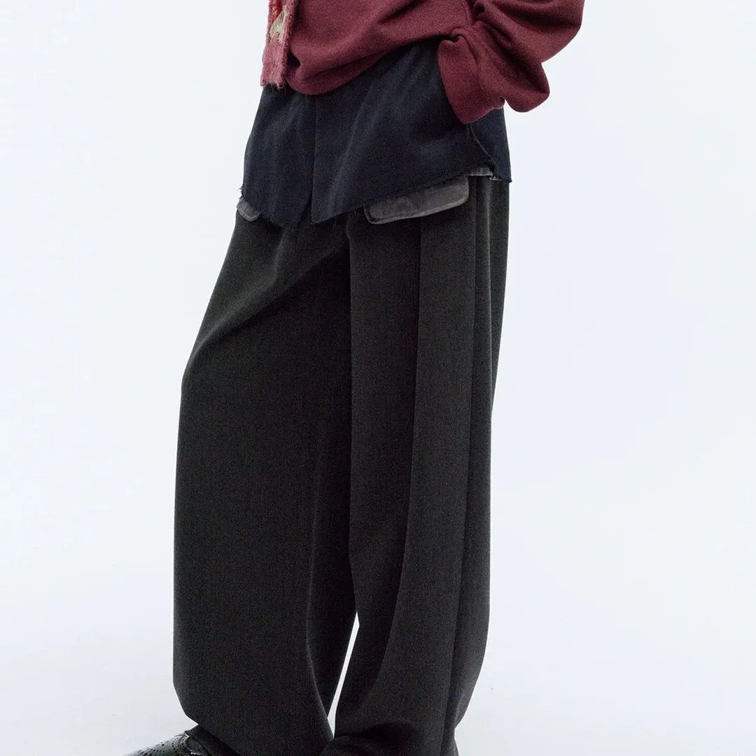 YOEYYOU层叠撞色长裤2026春新款层次感裙裤宽松直筒灰色休闲裤女