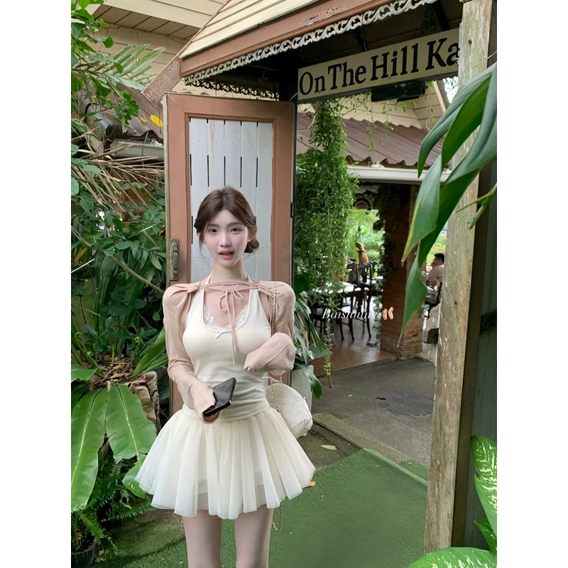 白水女【春季清仓款】拼接花边挂脖吊带女春性感纯欲上衣B50248077