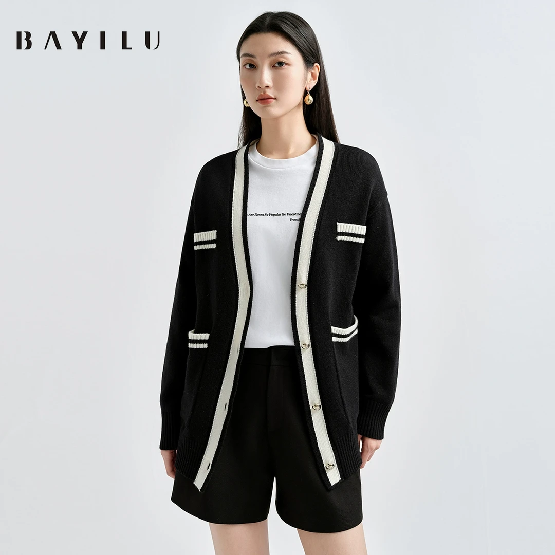 芭依璐2025春季针织外套女v领宽松百搭毛衣91SW978