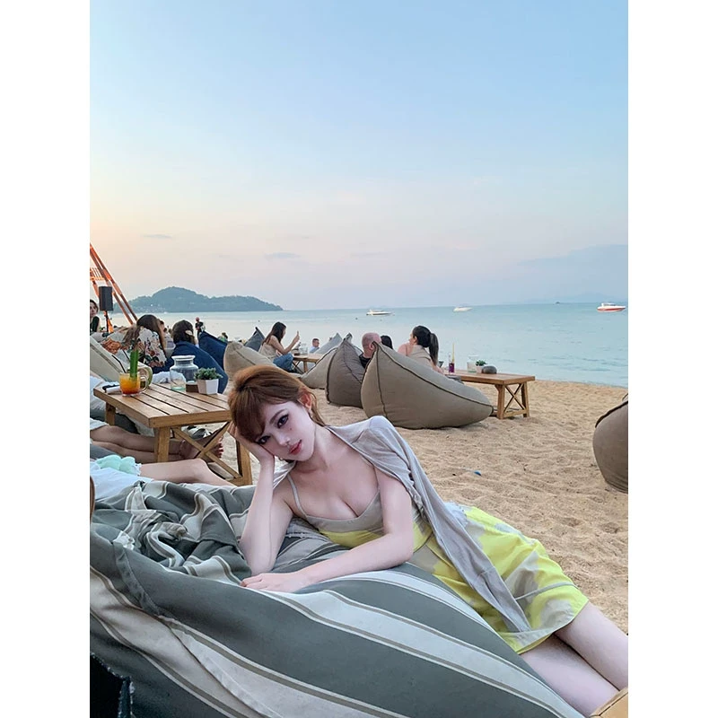 With 99jiu【夏日lovely】沙滩度假扎染吊带连衣裙+宽松针织开衫