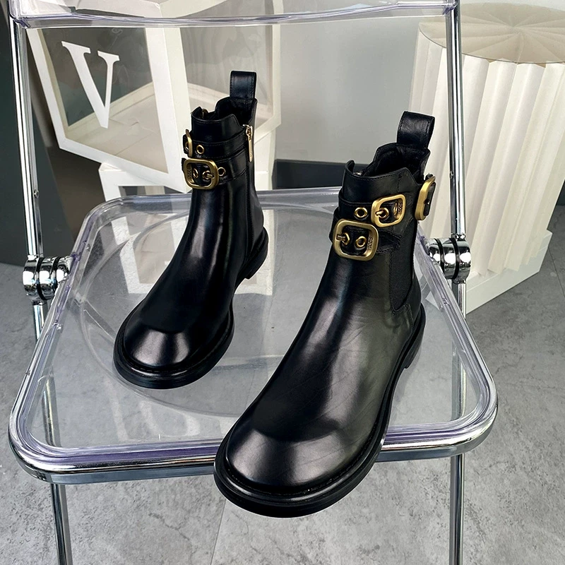 【现货】2024年春大鹅头短靴英伦风新款真皮平底皮带扣马丁靴1331-7