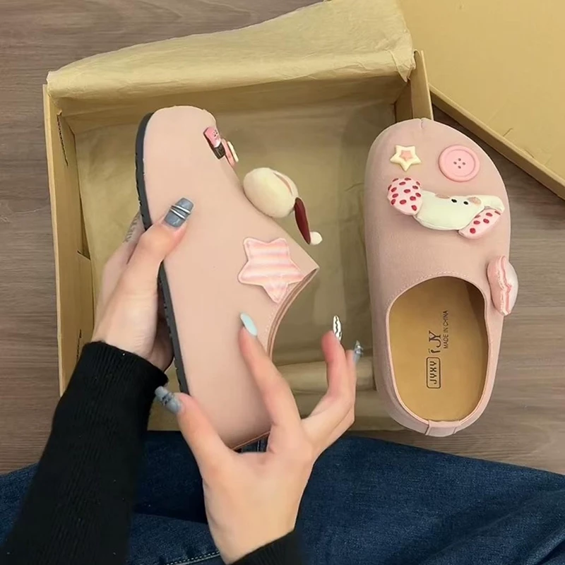 卡通厚底勃肯半拖女外穿2025年春百搭时尚新款休闲一脚蹬包头拖鞋