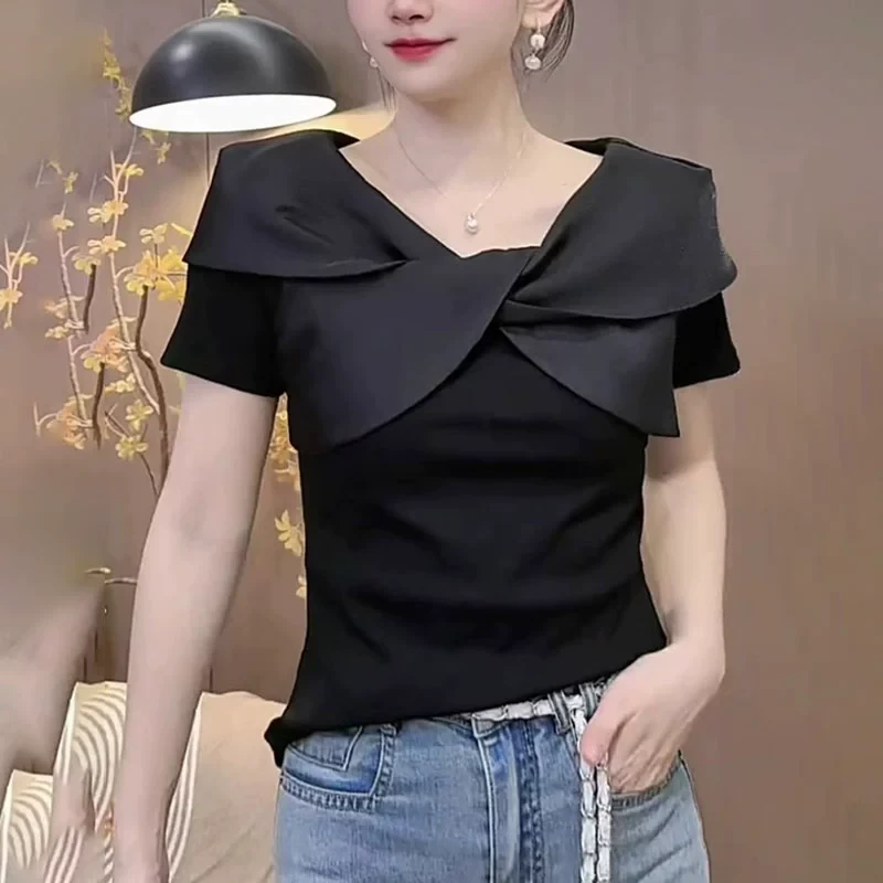 黑色设计感不规则短袖t恤女士2025夏季新款修身显瘦时尚体恤上衣