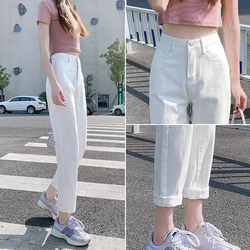 雪千羽白色裤子哈伦牛仔裤女春2025新款高腰直筒小个子萝卜老爹裤