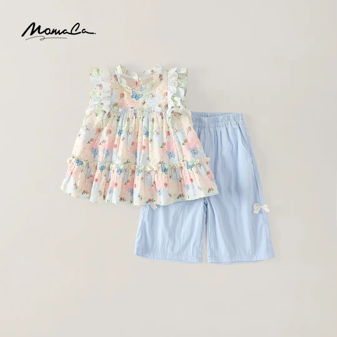 MOMOCO夏季新款满印蝴蝶薄款时尚飞飞袖七分裤套装77630578245