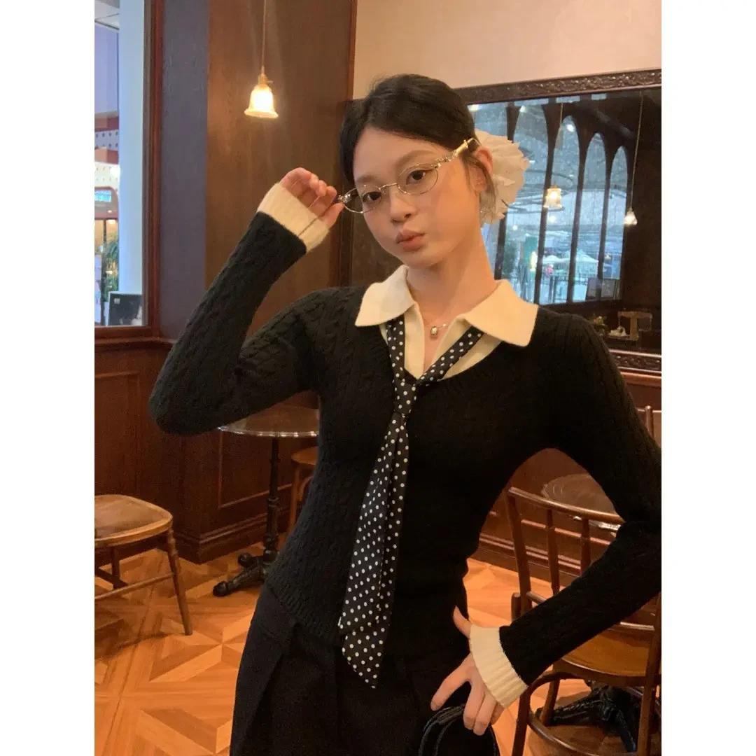 咖色Polo领假两件针织衫女秋冬毛衣内搭修身短款长袖小上衣高级感