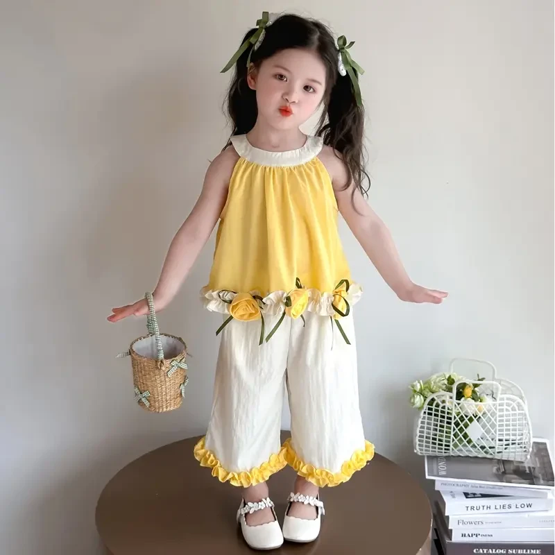 小童女夏季套装常规童装无袖纯色碎花韩版公主风洋气夏款超洋气