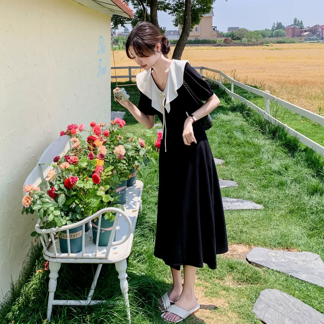 黑色气质高级感连衣裙女夏季2025新款韩系减龄超好看收腰显瘦长裙