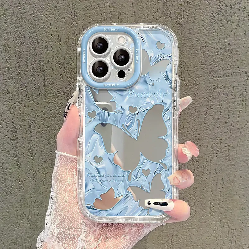 蓝色蝴蝶适用苹果15华为vivo/oppo小米iPhone16镜面奶油壳手机壳