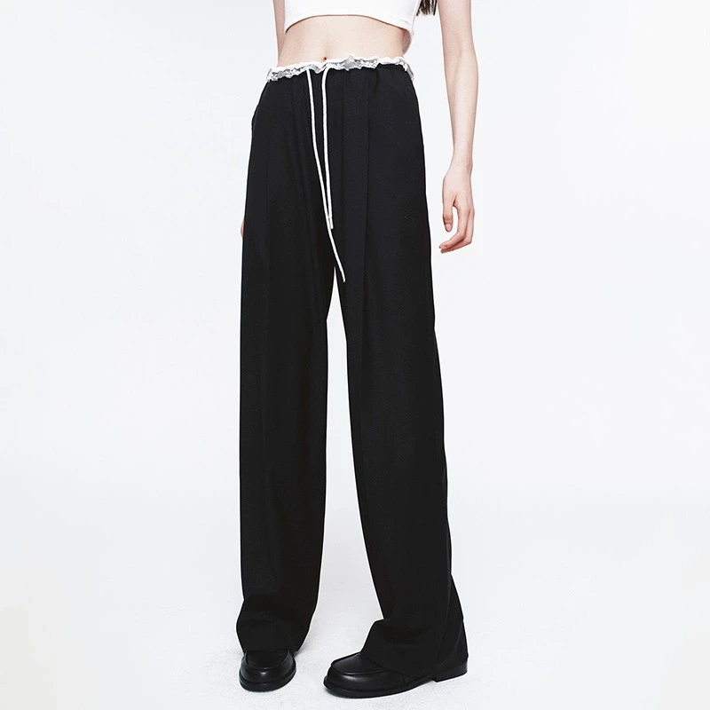 HERLIAN 2025年春季女士花边装饰抽绳长裤
