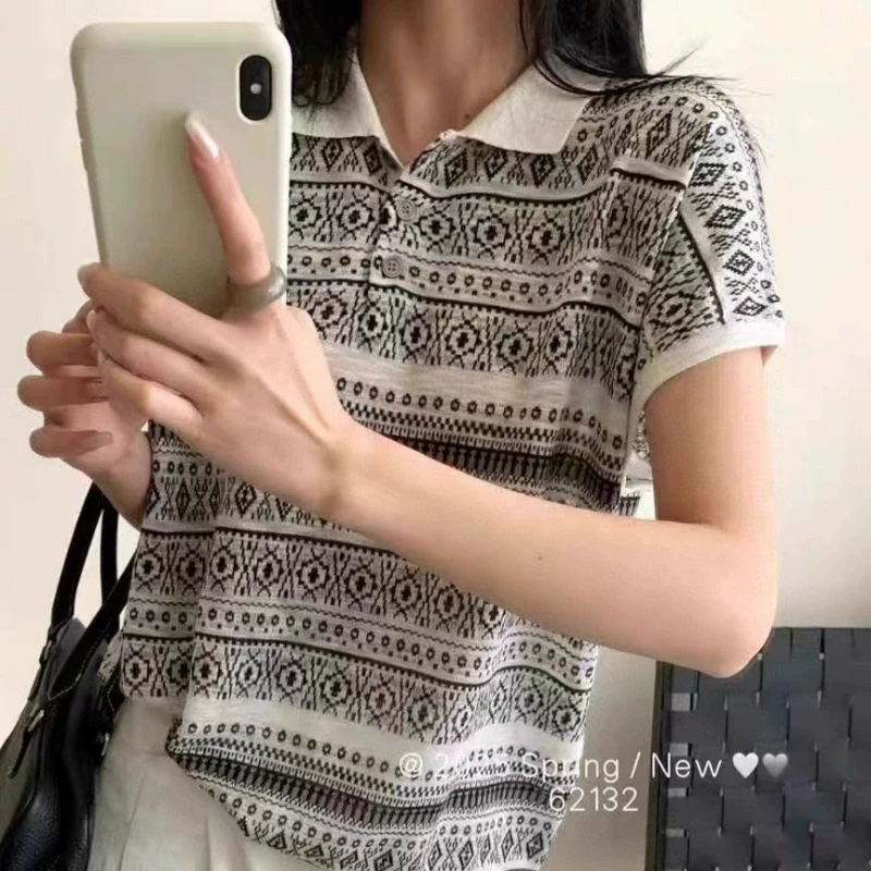 羊范2025春夏新款小众设计感复古提花翻领短袖女天丝亚麻薄款上衣