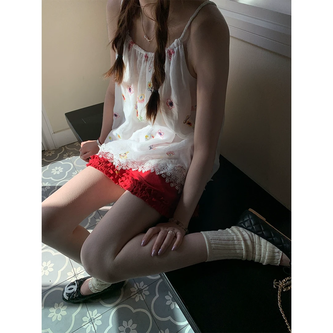im向 西西里釉日’亚麻棉~俏皮拼接木耳边舒适棉麻短裤