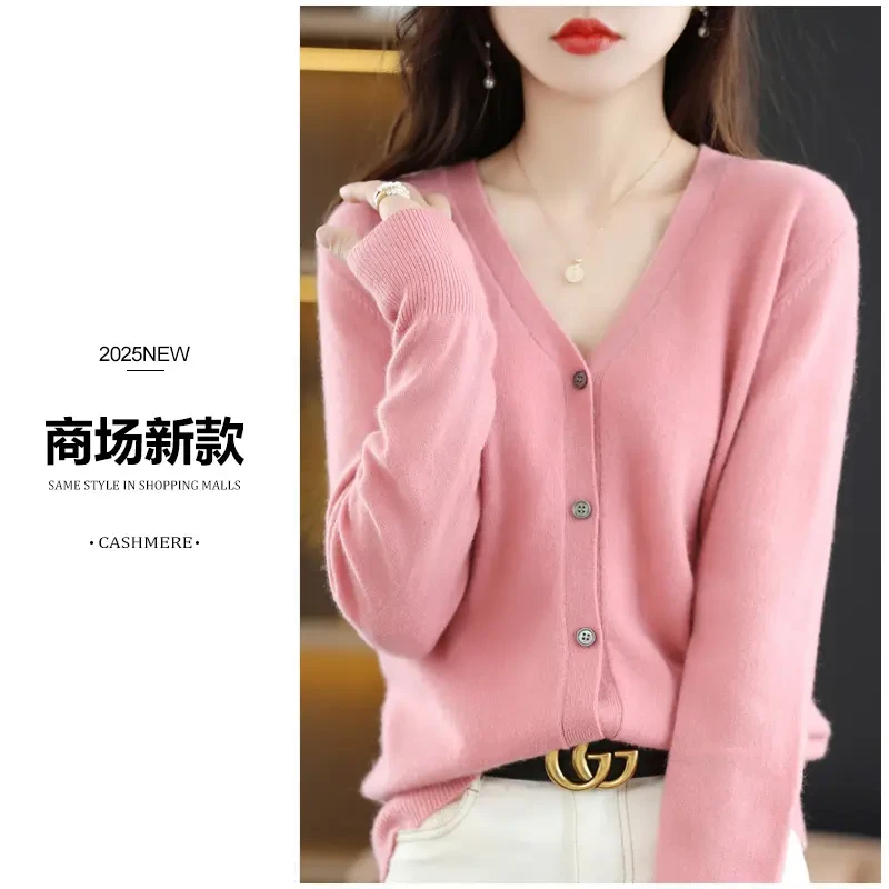 【商场经典新款】100%纯羊毛v领开衫百搭宽松休闲显瘦针织外套女