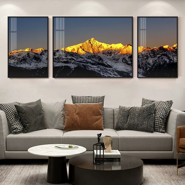客厅装饰画珠峰梅里贡嘎雪山轻奢沙发背景墙壁画三联金山风景挂画