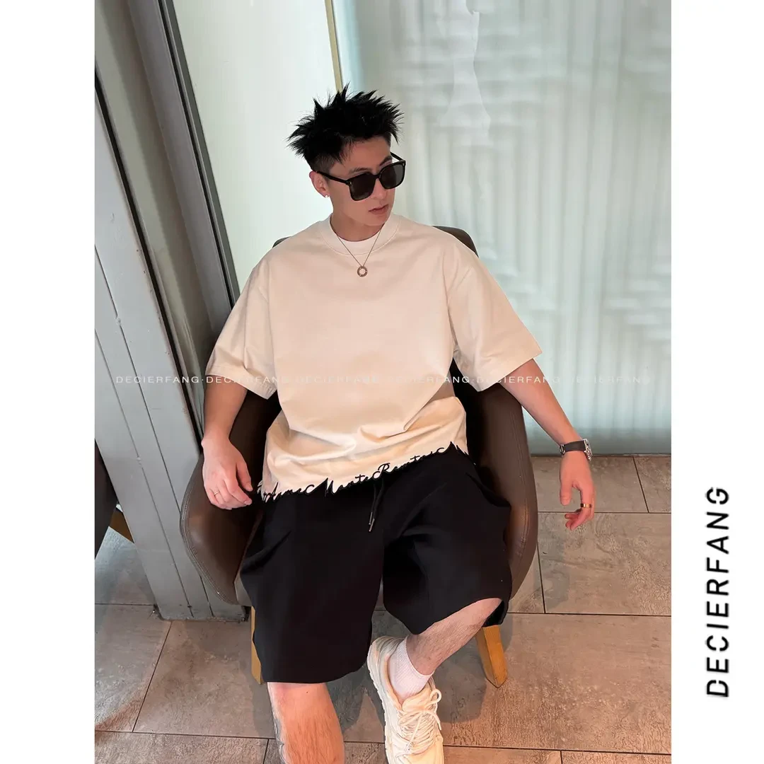 美式【下摆刺绣花边】夏季新款纯色重磅纯棉圆领宽松时尚休闲短袖