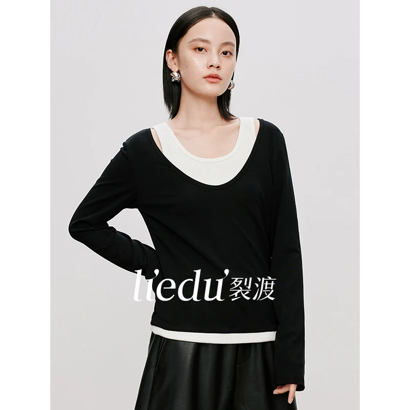 QC杨杨-微胖大码女装【黑标】韩系简约设计感假两件上衣ZY408C21