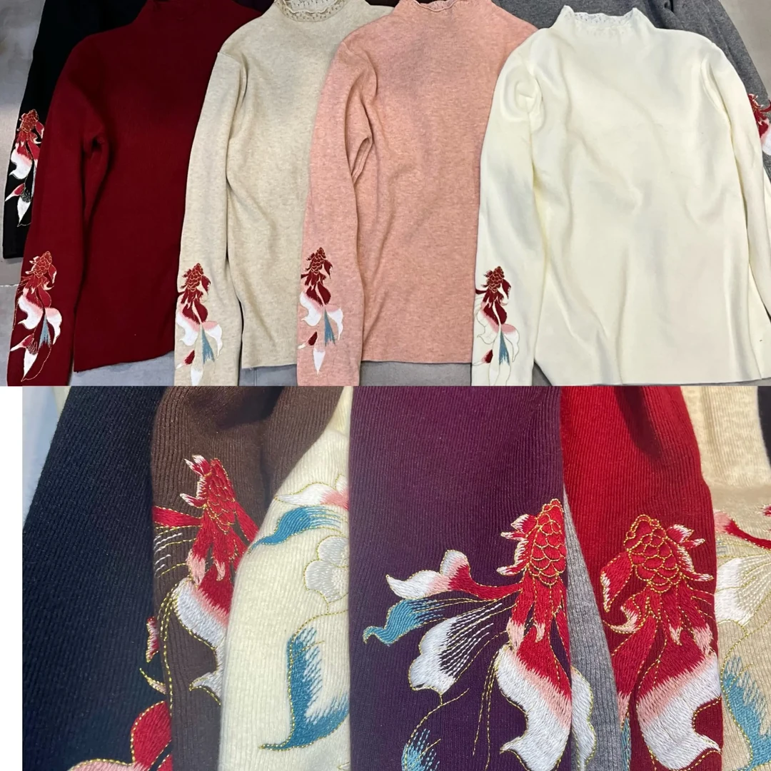 新中式国风半高领加厚秋冬气质刺绣打底上衣