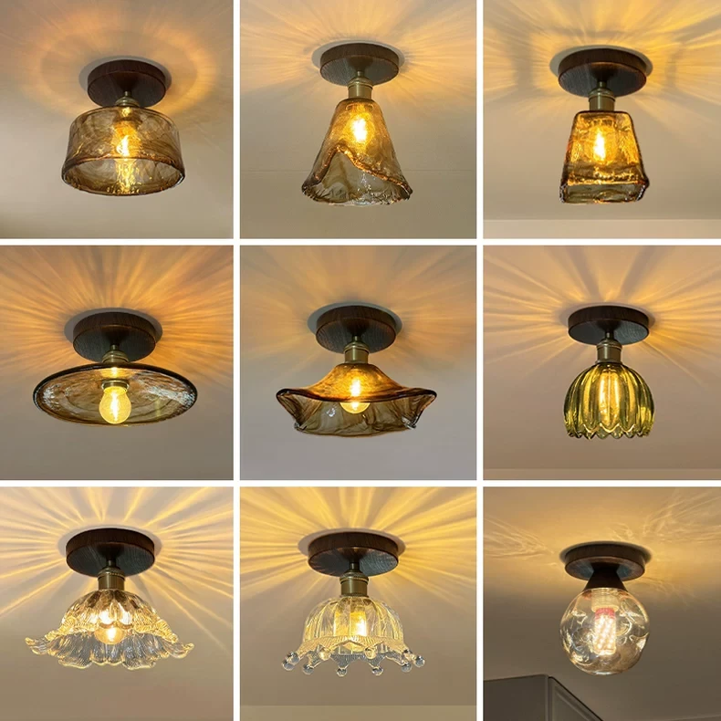 美式复古吸顶灯中古侘寂风走廊过道灯胡桃木色玄关轻奢玻璃阳台灯