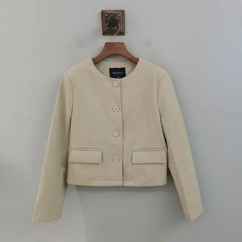 PYJAQ001麦寻2025春小香风气质休闲圆领小个子皮衣春秋外套短款