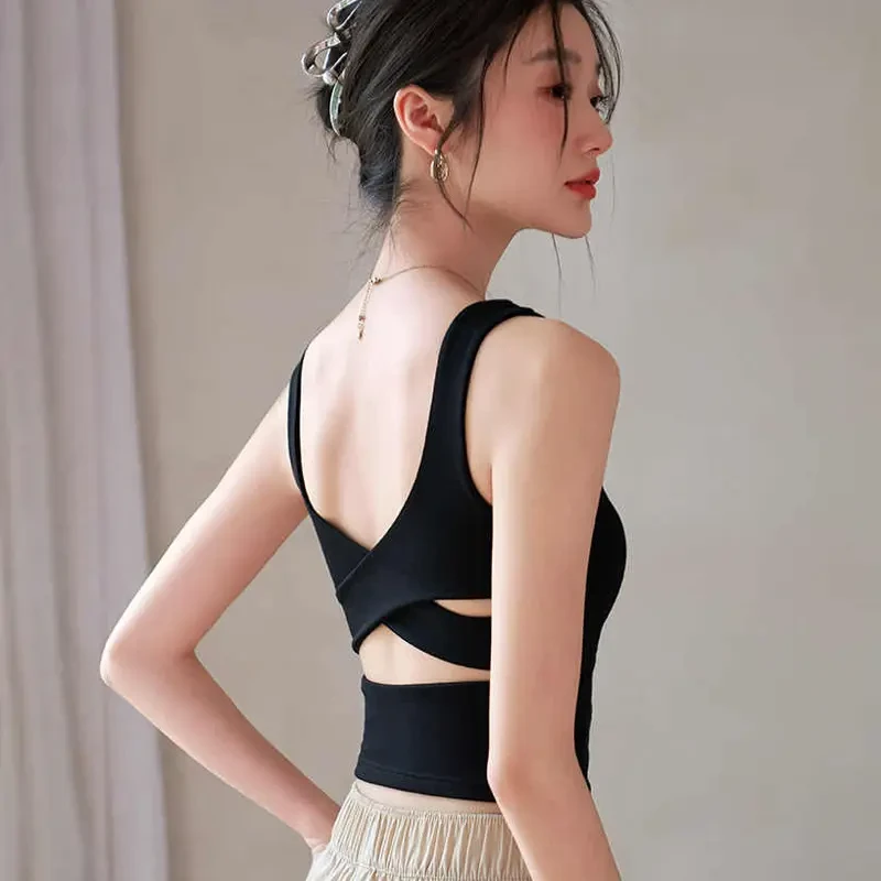 黑色交叉美背吊带背心女新款内搭带胸垫文胸一体内衣外穿白色上衣
