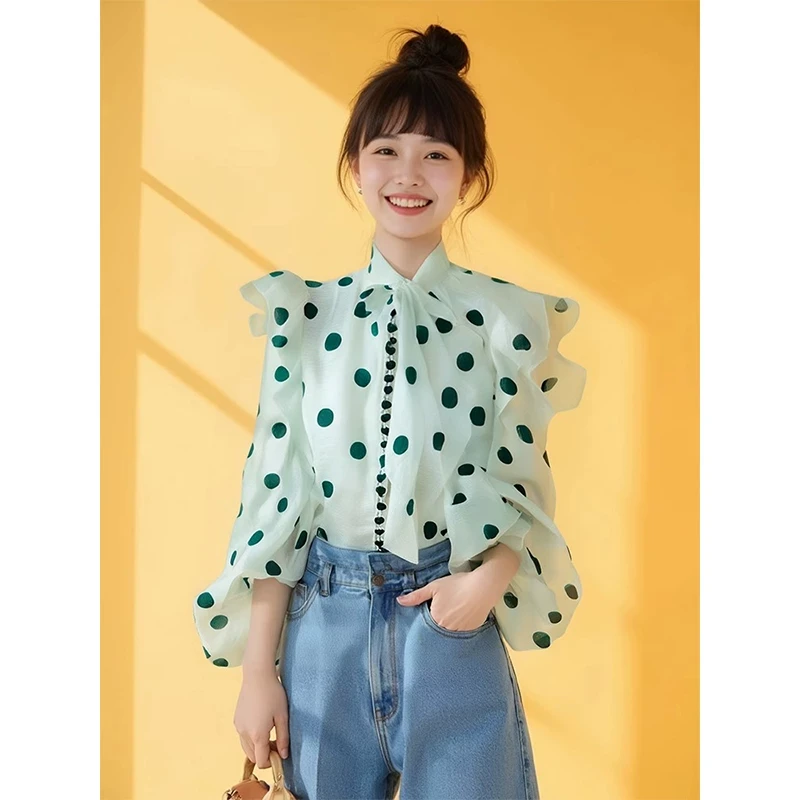 绿色波点飞飞袖雪纺衬衫2025新款炸街独特漂亮多巴胺宽松显瘦上衣