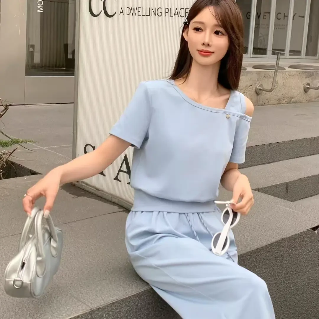 夏季时尚运动风漏肩卫衣休闲套装女2025气质减龄阔腿裤显瘦两件套