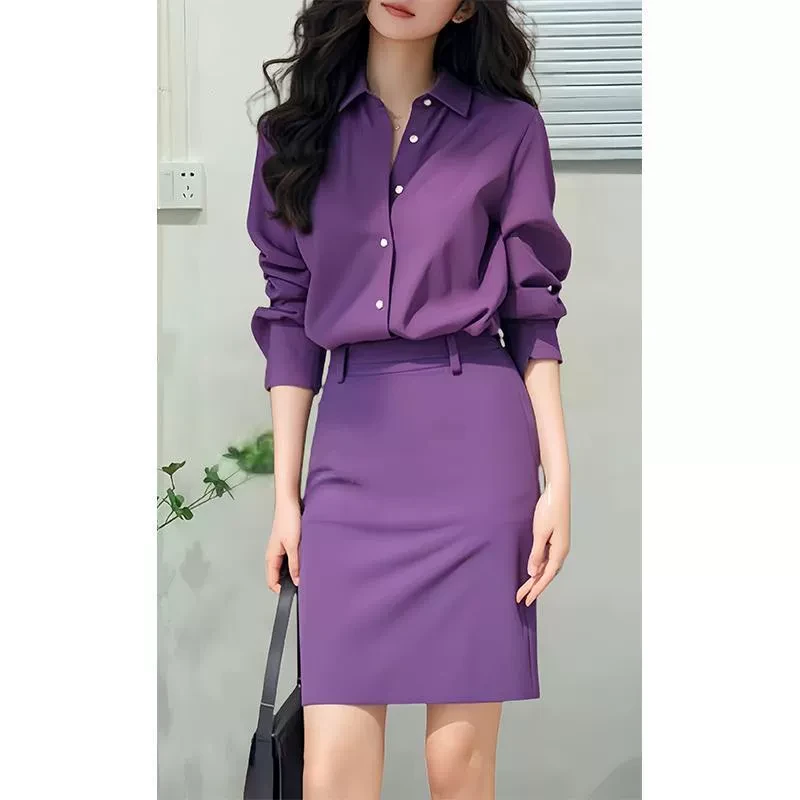 大码胖MM高级感2025春季时尚套装法式气质紫色衬衫半身裙两件套女