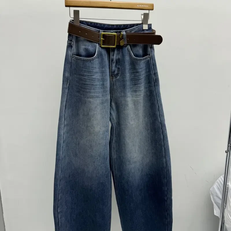 冬季加绒高腰宽松阔腿显瘦复古美式弯刀牛仔裤女