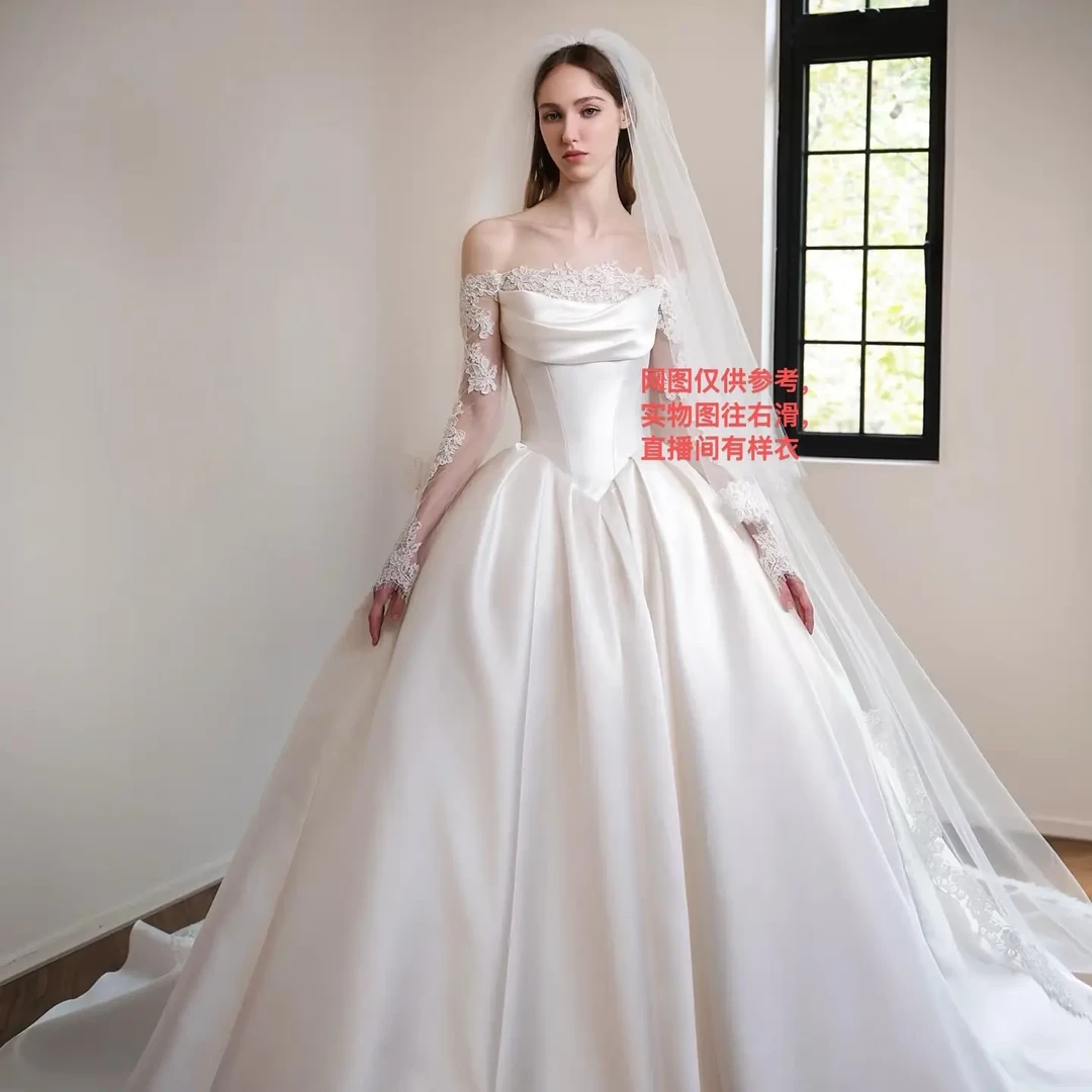 （LOEVER婚纱工厂）绑带一字肩长袖缎面婚纱，蕾丝可拆卸(可定做)