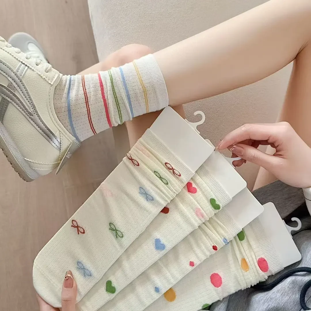 彩色袜子女中筒薄款夏季可爱ins潮韩系网眼透气多巴胺堆堆袜LQ