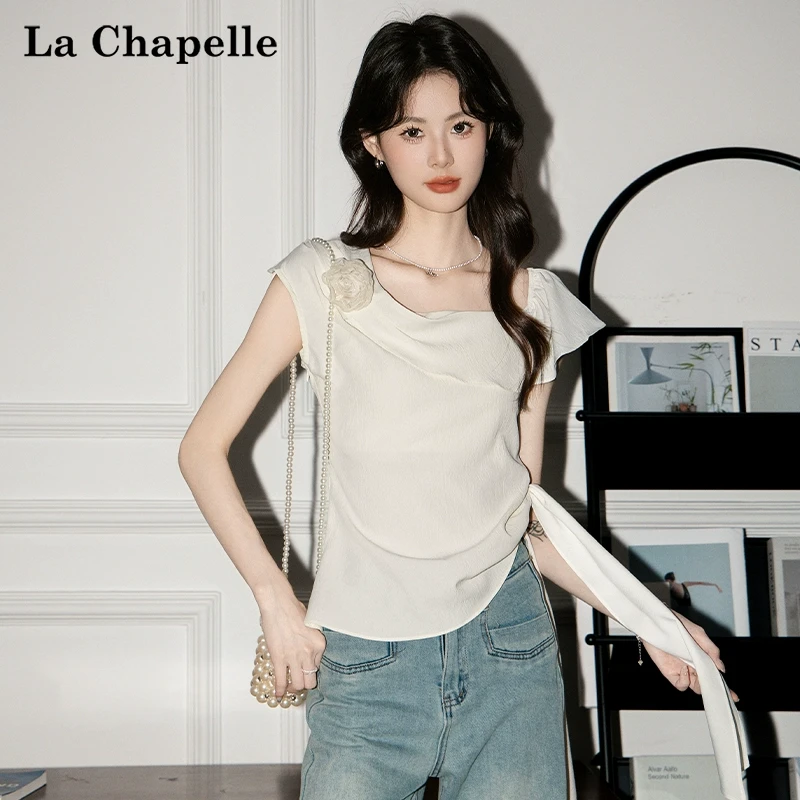 拉夏贝尔立体花朵飘带短袖T恤女2025夏季新款不规则修身收腰上衣