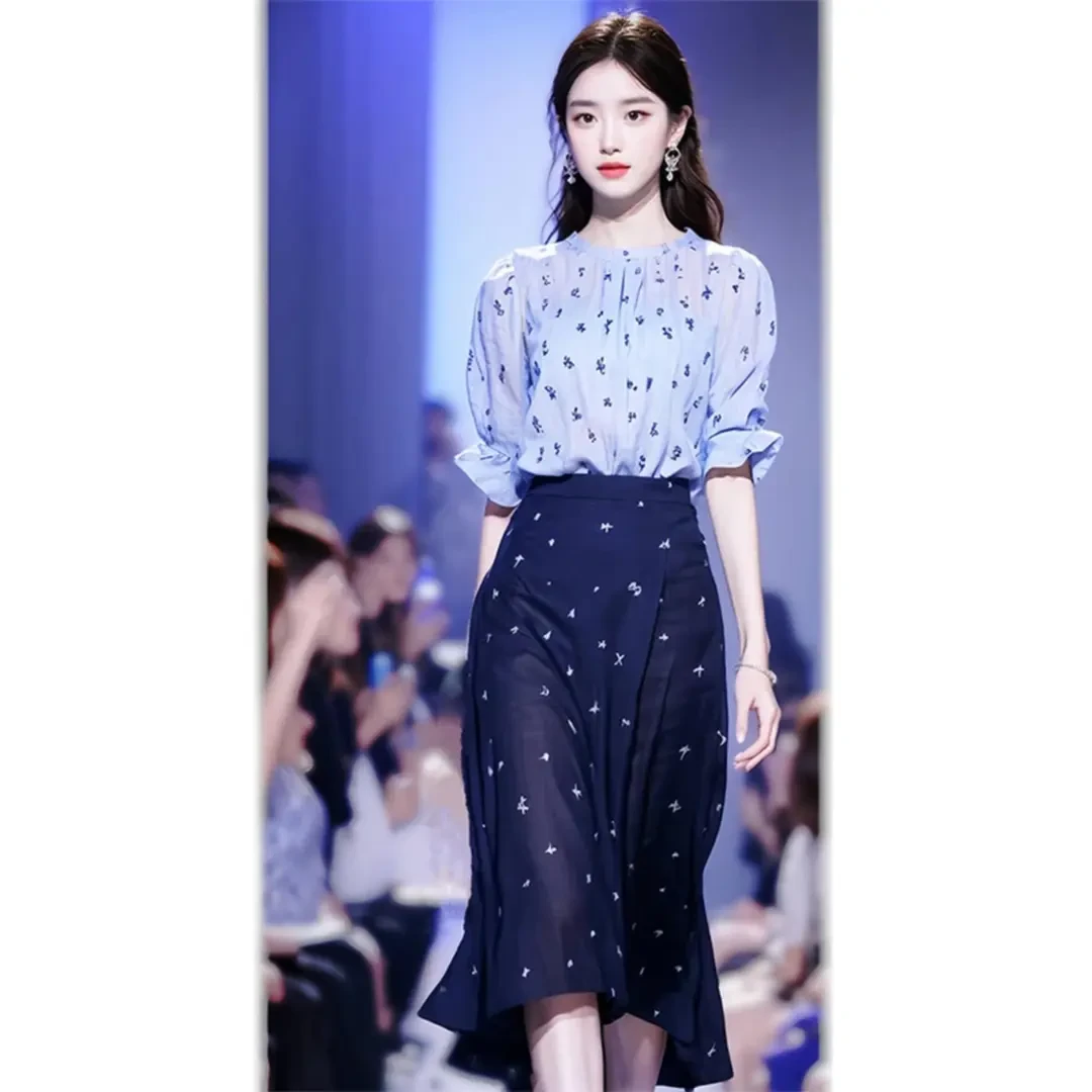 今年流行法式正式场合上流社会御姐风蓝色衬衣连衣裙子套装女夏季