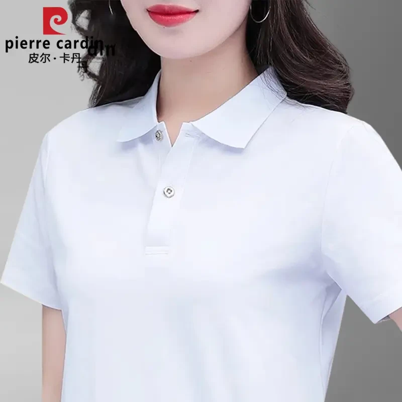 皮尔卡丹纯棉白色短袖T恤女夏季新款女款妈妈纯色翻领polo衫上衣
