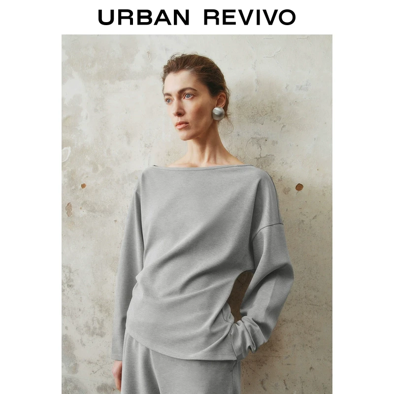 UR2025春季新品女装欧若风不规则设计感斜肩领宽松T恤UWM450011