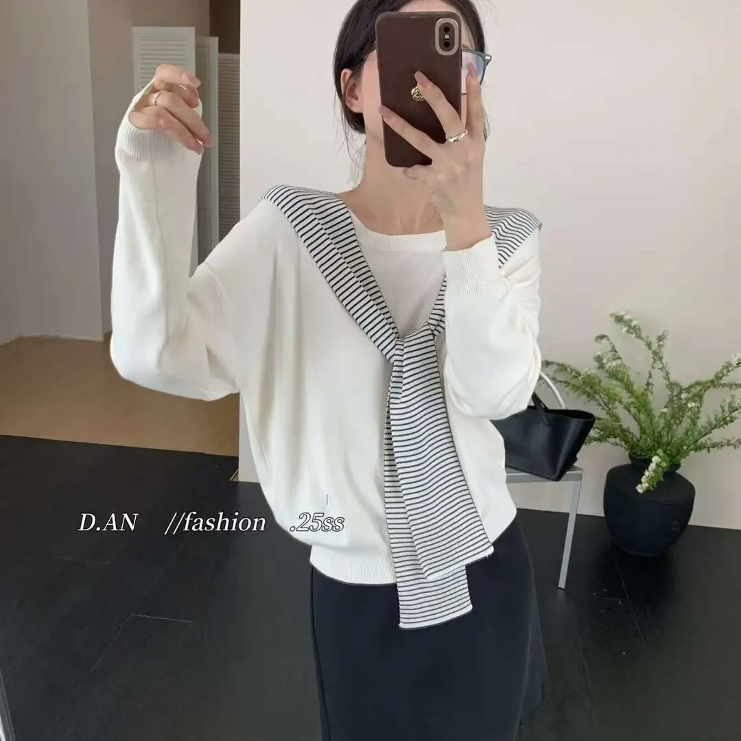 休闲风女假两件款落肩袖毛针织衫针织百搭夏季外搭时尚连帽