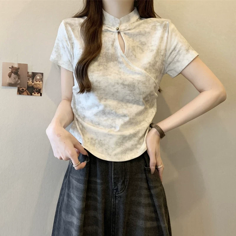 新中式国风t恤短袖女大码胖mm小个子夏季小众短款显瘦扎染上衣