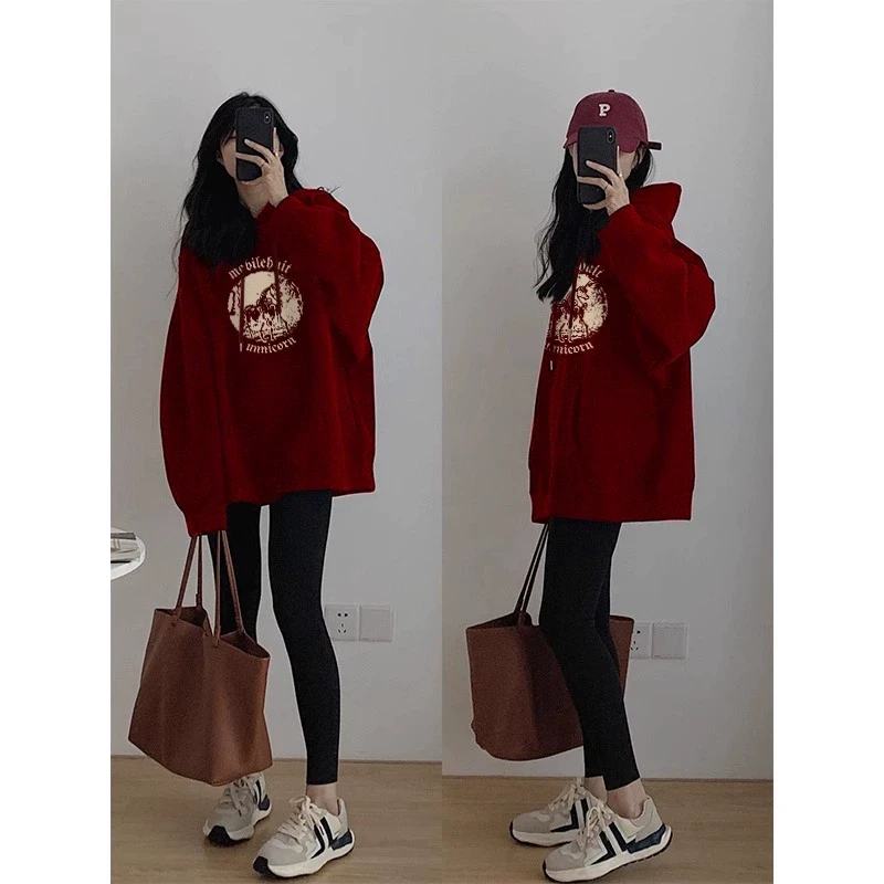 酒红色卫衣女2025蛇年本命年衣服秋冬加绒加厚外套新年过年上衣潮