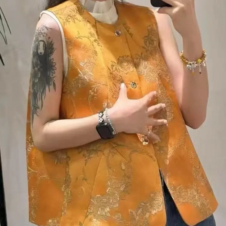 【QINGQING】单排扣工字型款秋冬提花国风马夹