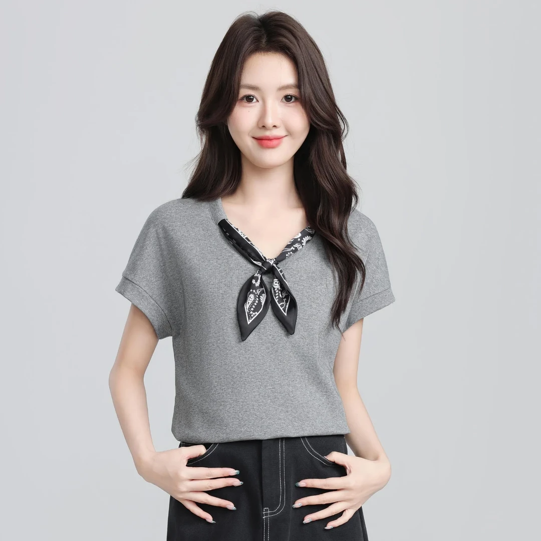 灰色丝巾系带短袖T恤女2025夏季新款设计感宽松V领蝴蝶结体恤上衣
