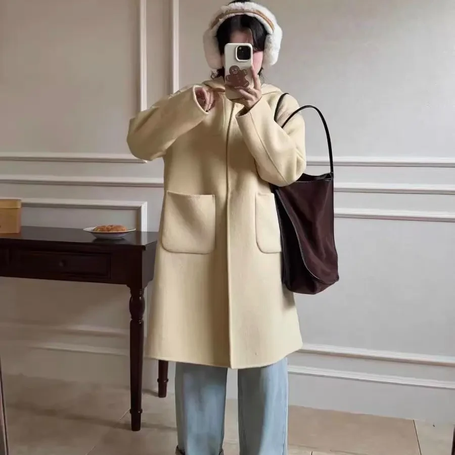 小鸡黄色韩系中长款连帽双面羊毛大衣秋冬休闲时尚学院风呢料外套