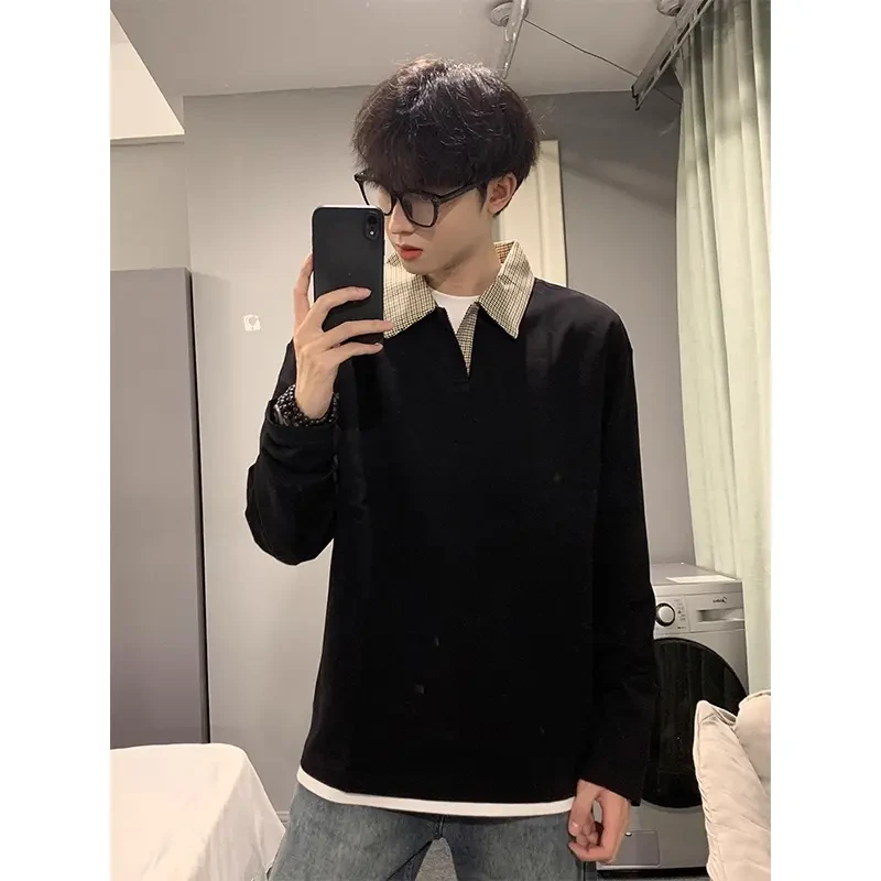 千鸟格拼接Polo衫卫衣男款春秋美式老钱风长袖t恤cleanfit打底衫