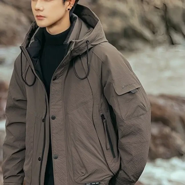 新品冬季男士连帽加厚保暖潮风白鸭绒青年连帽外套男冬装
