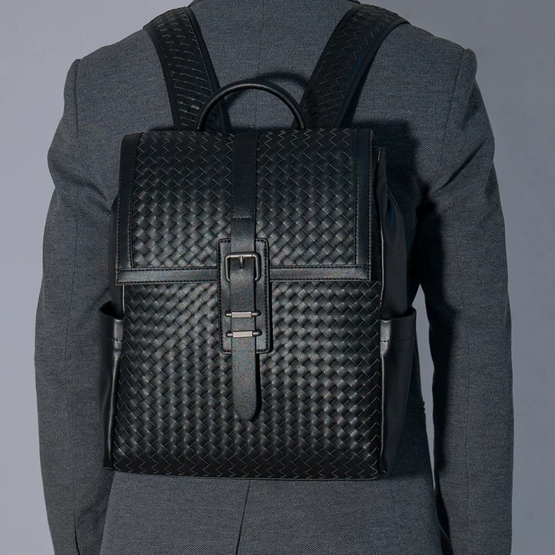 X&BV双肩包男真皮商务休闲简约翻盖编织男包电脑书包男士旅行背包