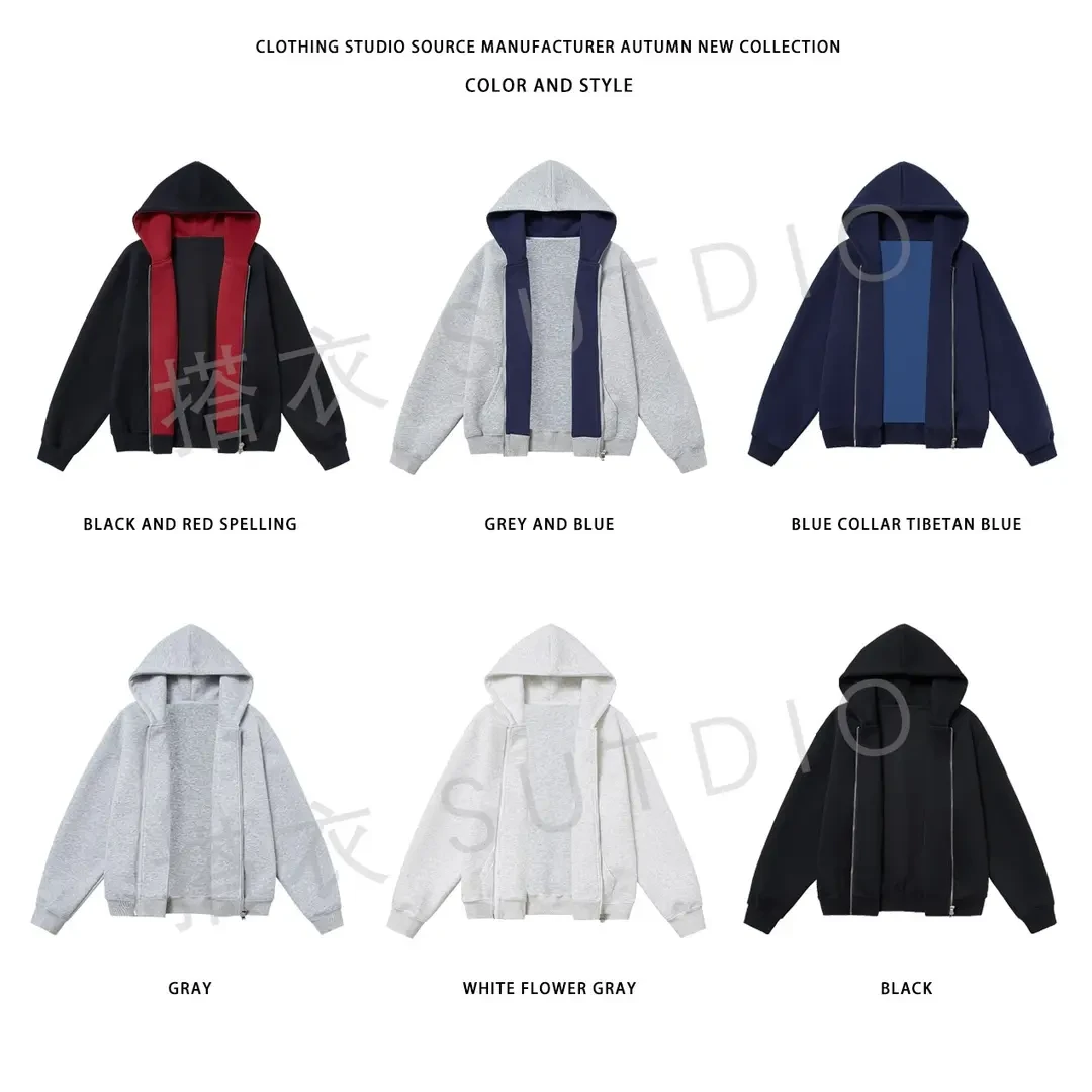 480g双色宽松型连帽纯色cleanfit卫衣短宽boxy版型男款拉链开衫男