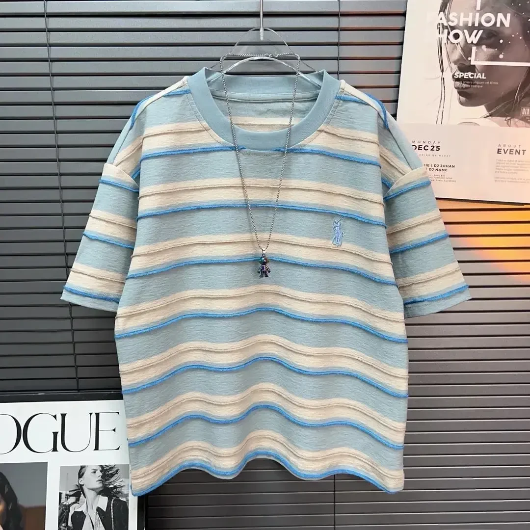 儿童装男童夏装条纹短袖T恤2025新款夏季中大童夏款男孩纯棉痞帅t