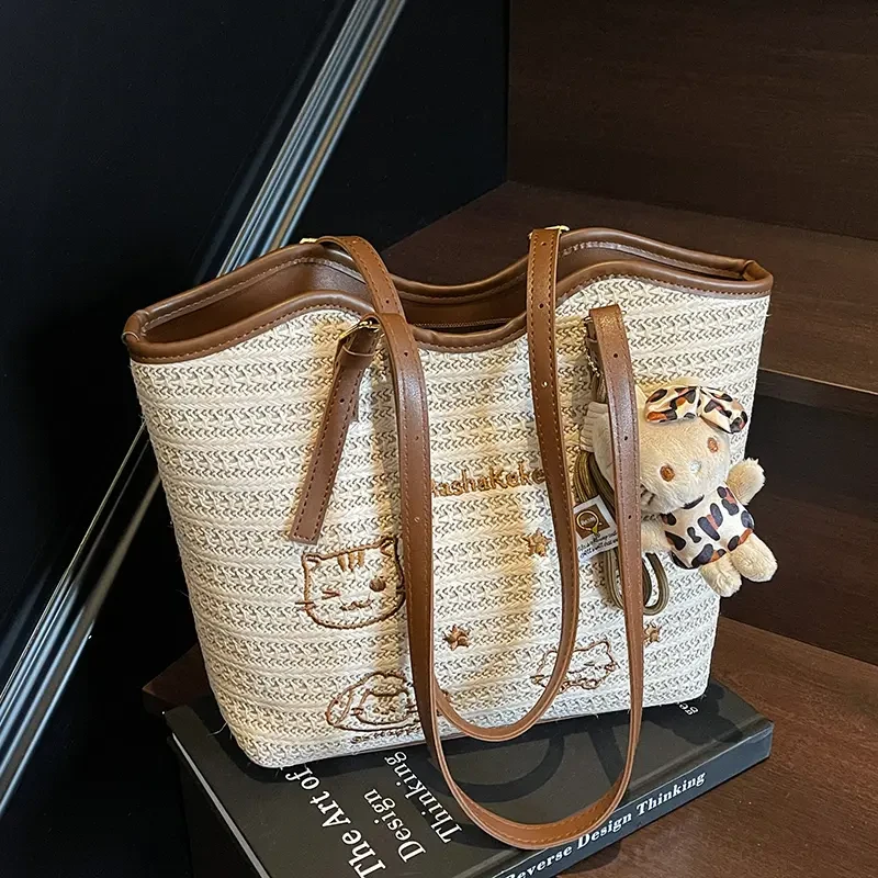 时尚百搭通勤大容量包包女式2025新款单肩包超火编织托特包草编s