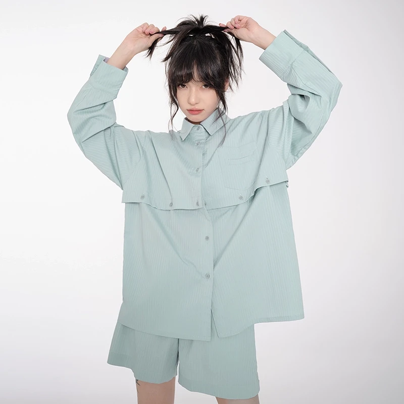 【清仓】万有引力博物馆可拆短款长袖衬衫女春2023年新款宽松设计感