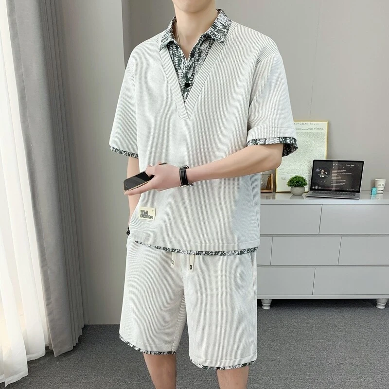 休闲运动套装男士大码短袖时尚翻领T恤男2025夏季穿搭配短裤-@