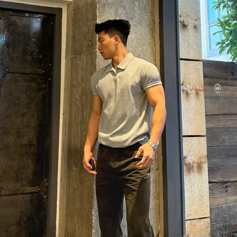 花灰色polo领短袖男款夏季美式重磅显肌肉T恤高级感健身三分半袖